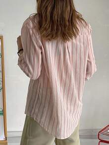 DAZY 女式宽松常规条纹领衬衫，春夏秋季上衣长袖上衣 - 粉色 - 查看 2