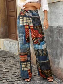 EMERY ROSE Women's Patchwork Print Loose High Waist Wide Leg Jeans - Multicolor - View 8