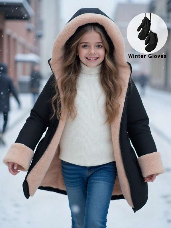 SHEIN Tween Girls' Casual All-Match Versatile Daily School Autumn/Winter Warm Khaki Faux Fur Lining Patchwork Black Padded Coat, With Gloves Fall