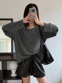 DAZY Maglietta casual basic a maniche lunghe con scollo a equipaggio, vestibilità morbida, da donna