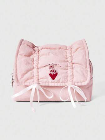 Kawaii Rosa süße Kordelzug Schleife Erdbeere Buchstaben große Kapazität tragbare Kosmetiktasche Federmäppchen