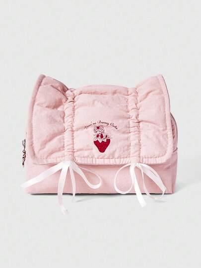 Kawaii Bolsa de cosméticos y estuche de lápices portátil de gran capacidad con cordón, lazo y diseño de fresa en color rosa
