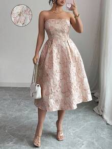 Elenzga 大码女式花卉提花褶皱设计优雅露肩连衣裙 - 粉色 - 查看 4