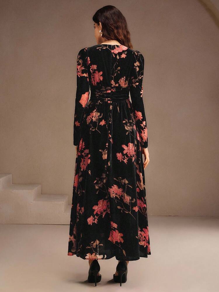Women's Velvet Floral Print V-Neck Dress, Elegant, Chic, Stylish, Suitable For Fall, Winter, New Year, Party, Wedding, Evening