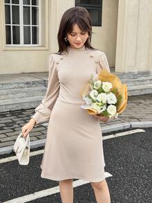 Streecool Teen Girls Knit Ribbed Solid Color Dress, Metal Button Decor, French Retro Collar, Puff Lantern Sleeves, High Waist, Suitable For Casual, Commute, Vacation In Spring And Autumn Fall Winter - Apricot - View 1