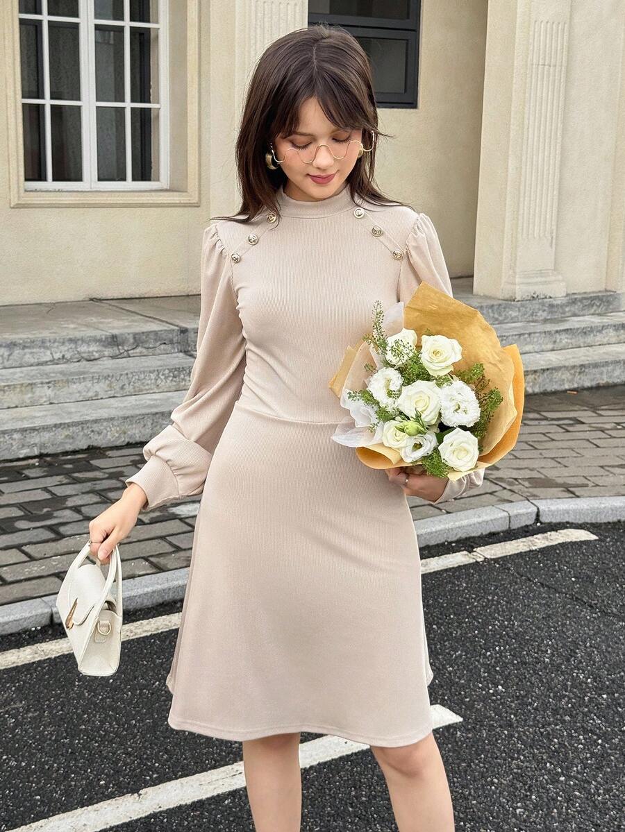 Streecool Teen Girls Knit Ribbed Solid Color Dress, Metal Button Decor, French Retro Collar, Puff Lantern Sleeves, High Waist, Suitable For Casual, Commute, Vacation In Spring And Autumn Fall Winter - Apricot - View 1