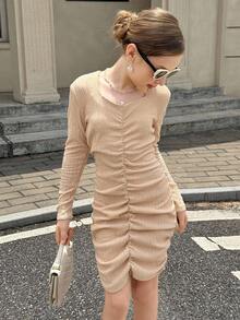 SHEIN Tween Girl Fitted Long Sleeve Dress Fall Winter - Khaki - View 3