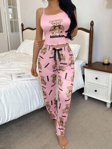 SHEIN 2pcs Cute Bear Print Camisole & Pants Pajama Set - Multicolor - View 5