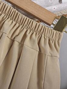 SHEIN 1pc Baby Girl Pleated Skirt, Children Woven Comfortable Skirt With Bow Waistband And Button Design, Adding Fashionable And Sweet Style, Elastic Waist And Loose Fit, Suitable For Autumn Occasions Like Vacation And Daily Wear - Khaki - View 5