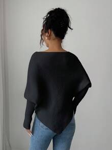 Elenzga Women's Asymmetrical Shoulder Batwing Sleeve Casual Elegant Knit Sweater Top, Versatile For Vacation & Holidays, Spring/Autumn/Winter - Black - View 2