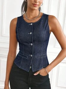 Flexra 女式圆领单排扣修身牛仔背心 - 深色水洗藍 - 查看 4
