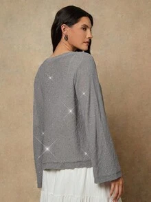 SHEIN VCAY Plus Size Fashionable Commuter Sequin Tie Cardigan Autumn Winter Clothes For Women - Grey - View 5