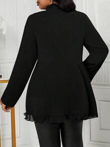 SHEIN Lady 大码女式春秋纯色荷叶边简约西装外套毕业、返校、教师服装女士秋季服装 - 黑色 - 查看 2
