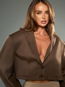 MISSGUIDED Sacou scurt și elegant pentru femei, stil profesional, cu croială scurtă, stil business, birou, ținute formale, croială, sacou de zi cu zi, piesă de modă - cafea maro - Vizualizare 4