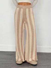 SHEIN PETITE Women Drawstring Waist Striped Knit Sweater Pants , Fall Winter - Multicolor - View 8