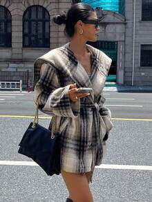 DAZY 女士优雅图案腰带常规款外套，秋冬格子女式大衣 - 灰色 - 查看 7