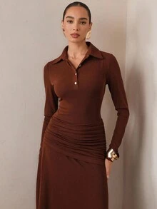 Modelyn 女式秋季街头风格翻领褶饰修身不对称长裙 - 棕色 - 查看 7