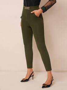 Amorya 女式高腰金属扣细节紧身裤 - 綠色 - 查看 3