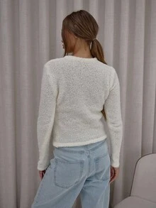 MUSERA Asymmetric Button Down Fluffy Knit Cardigan Cute Classy Sexy Streetwear Night Out Evening Party Elegant - White - View 2
