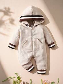 Souflis Souflis Baby Boy Striped Trim Zip Up Hooded Jumpsuit - Apricot - View 1