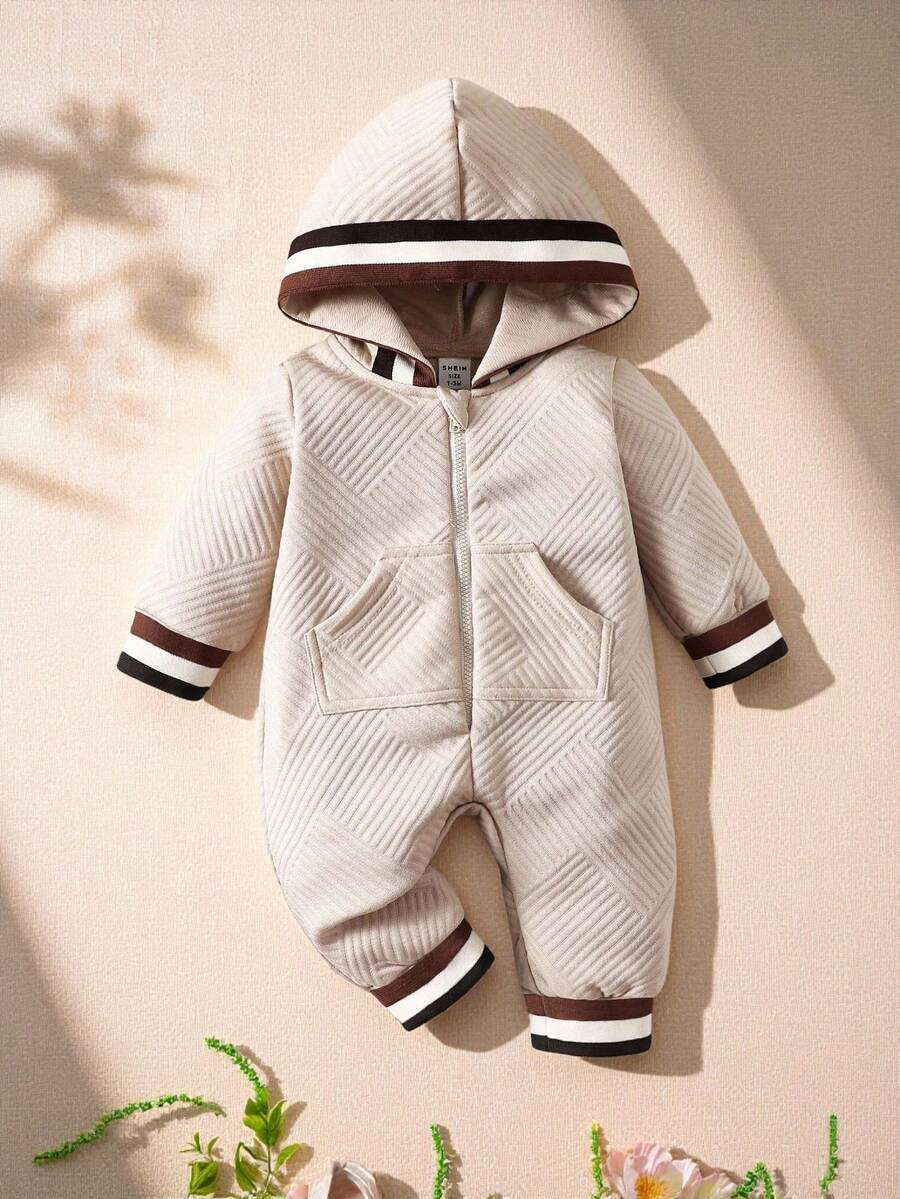 Souflis Souflis Baby Boy Striped Trim Zip Up Hooded Jumpsuit - Apricot - View 1