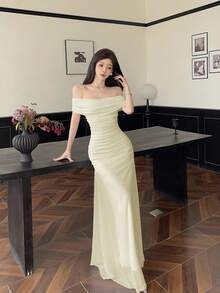 Modelyn Váy cưới/tiệc tùng trễ vai nhún eo thanh lịch cho nữ - Màu be - Xem 3
