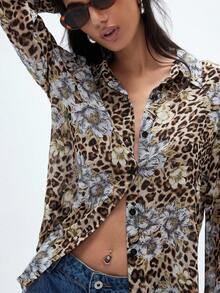 Aveloria GENKIRA Leopard Print & Floral Chiffon Long Sleeve Blouse For Women - Multicolor - View 4