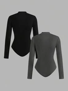 SHEIN EZwear 2件套黑色和深灰色女式小马印花拉链高领紧身连体衣套装 - 彩色 - 查看 2
