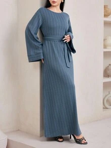 Veilorie Women's Elegant Commuter Solid Color Bell Sleeve Extra Long Abaya Dress