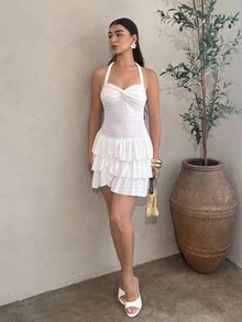 Andrea Bello Women's Vacation Mini Dress With Elastic Ruched Bust, Tie Neck, Bowknot, And Tiered Ruched, Can Wear Inner Or Outer,Valentine's Day Date Outfits,New Year Women Dress,Christmas Women Clothes,Party Women Outfit,Music Festival/Concert Clothing,Valentine Day,Summer Dresses For Women,White Graduation Dress