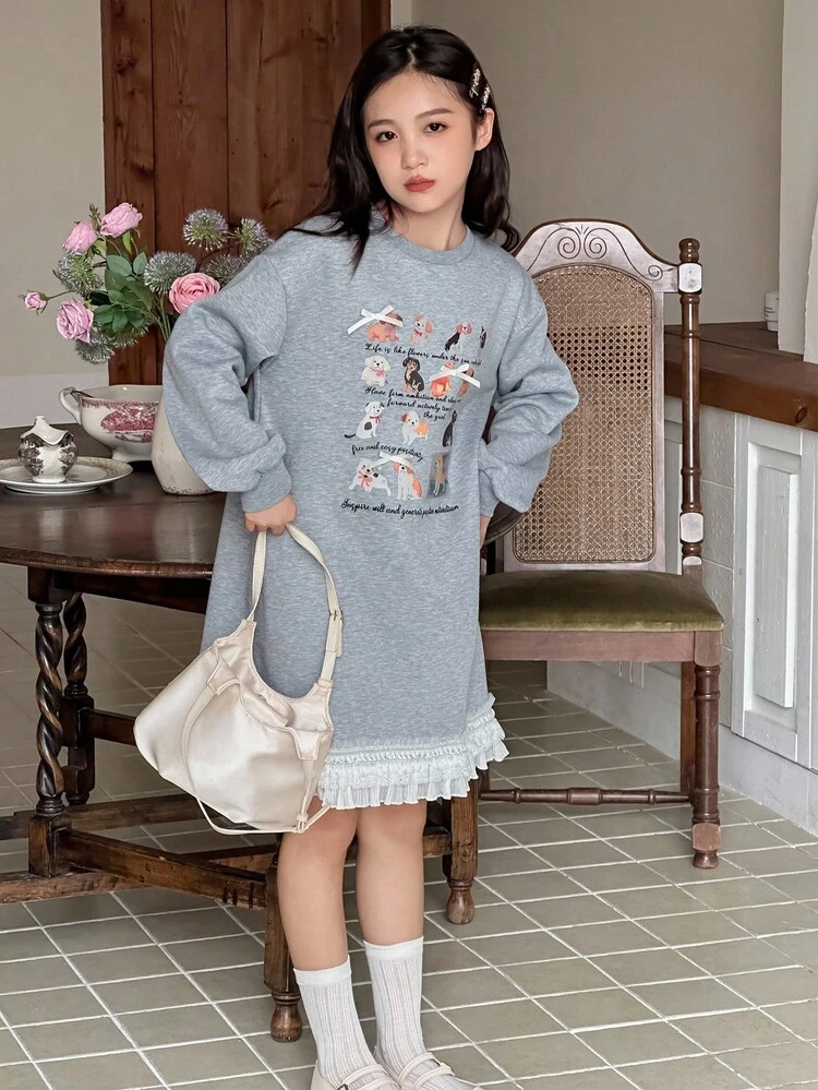 Tween Girls Crew Neck Knit Thermal Lined Printed Long Sleeve Dress, Autumn
