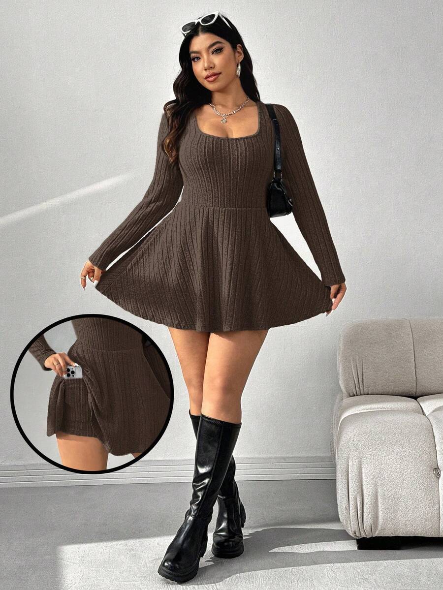 SHEIN EZwear Plus Size Women's Square Neck Long Sleeve Ribbed Jumpsuit With Pockets Ribbed Knit Dress Long Sleeve Knit Dress - Brown - View 1