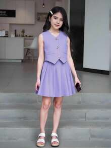 SHEIN 少女上衣，褶裥下摆，优雅两件套