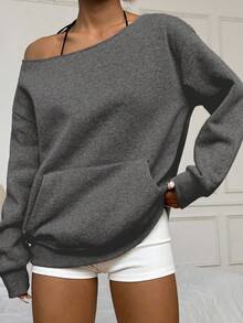 Flirla Women's Floral Print Off Shoulder Sweatshirt - Dark Grey - View 7