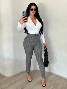 SHEIN SXY 女士时尚商务休闲格子紧身裤 - 黑與白 - 查看 4