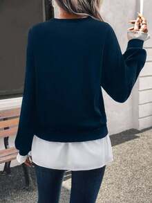 SHEIN LUNE 女士休闲二合一撞色套头卫衣，毕业季、教师节、返校季秋季款 - 藏蓝色 - 查看 2