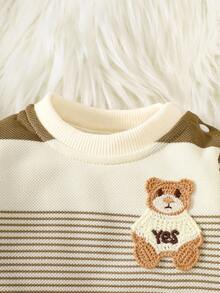 SHEIN Autumn New Arrival Newborn Baby Striped Contrast Color Top, Cute Bear Embroidery Soft & Comfy Shoulder Button Casual Baby Clothes Fall Winter
