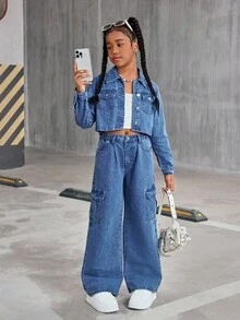 女童青少年新款水洗牛仔两件套，短款牛仔夹克 + 宽腿宽松牛仔裤，休闲装 - 中等水洗藍 - 查看 6