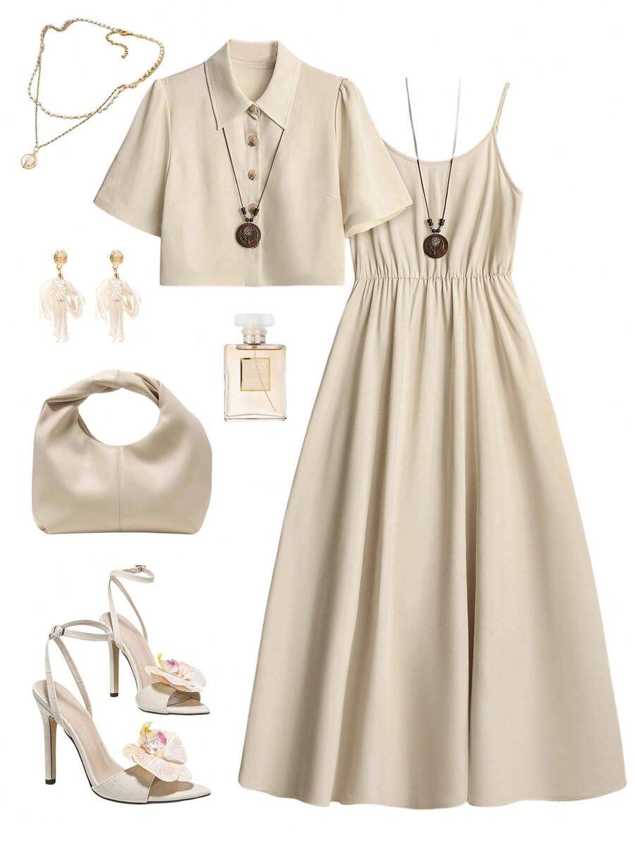 Ellevyn 2 件套女士亚麻纹理无袖连衣裙搭配短袖衬衫夹克，优雅修身，适合日常穿着，春夏季 - 卡其色 - 查看 1