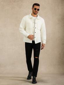 Manfinity Homme 男士休闲长袖口袋衬衫式外套，秋冬季奶油色男士白色抓绒衬衫式外套 - 米色 - 查看 3