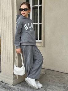 SHEIN Tween Girl Letter Print Drop Shoulder Long Sleeve Hoodie And Sweatpants Casual Outfit, Autumn Fall Winter