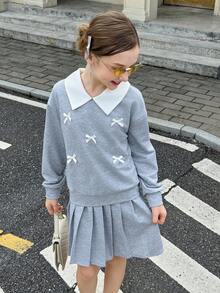 Bộ áo nỉ cổ polo và chân váy 2 trong 1 cho bé gái tuổi teen - Xám - Xem 5