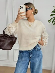 SHEIN Frenchy Women's Fashion Sequin Decor Round Neck Long Sleeve Sweater,Fall And Winter, Christmas,New Year - Apricot - View 4