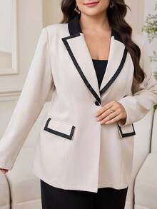 Modelyn Plus Size Women Contrast Color Lapel NeckLong Sleeve Casual Blazer Jacket, Autumn/Winter - Apricot - View 5