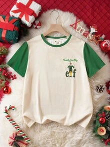 ELF X SHEIN Camiseta de manga corta con cuello redondo y gráfico de figura navideña para niño preadolescente