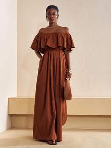 Zivah 2025 秋冬新品，音乐节，毕业季，学院风，学生装，日常休闲，度假，海滩，街头风，通勤优雅，露肩荷叶边连体裤，纹理面料，西装面料，有口袋，棕色连体裤 - 棕色 - 查看 5