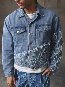 AXEPEAK 男士浅色时尚长袖牛仔夹克，秋季 - 藍色 - 查看 6