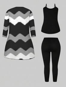 EMERY ROSE Plus Size Retro Wave Print 3 PiecesCasual Set - Multicolor - View 2