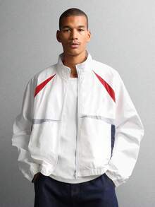 SUMWON 插肩色块尼龙常规版型轻便夹克休闲外套秋季春季街头风衣外套 - 白色 - 查看 7