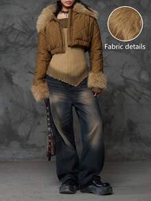 SHEIN Unity Bloopia Merlot Dovleac Culoare Casual Modă Personalizată Minimalist Femei Toamnă/Iarnă Halloween Blană Faux Patchwork Mânecă Lungă Scurt Căptușit Palton - cafea maro - Vizualizare 9